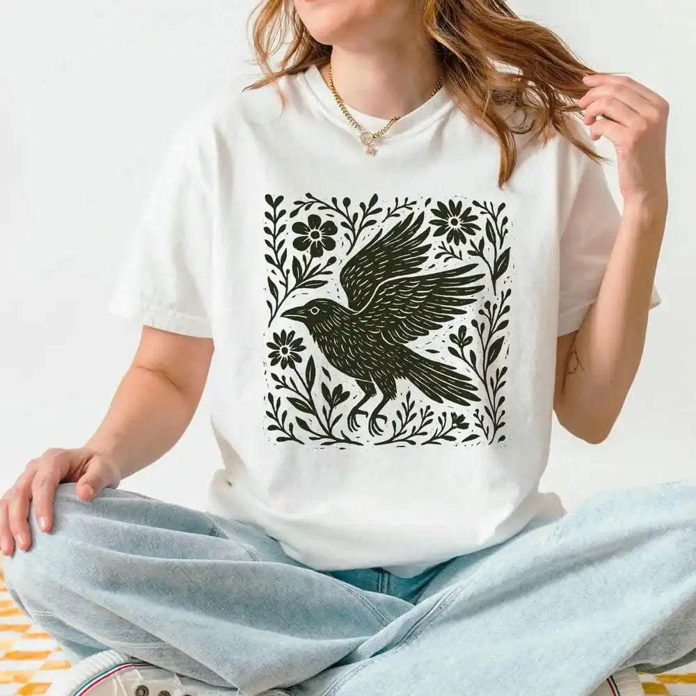 Folklore Crow Lino Print Cotton T-Shirt Folk Art Linocut