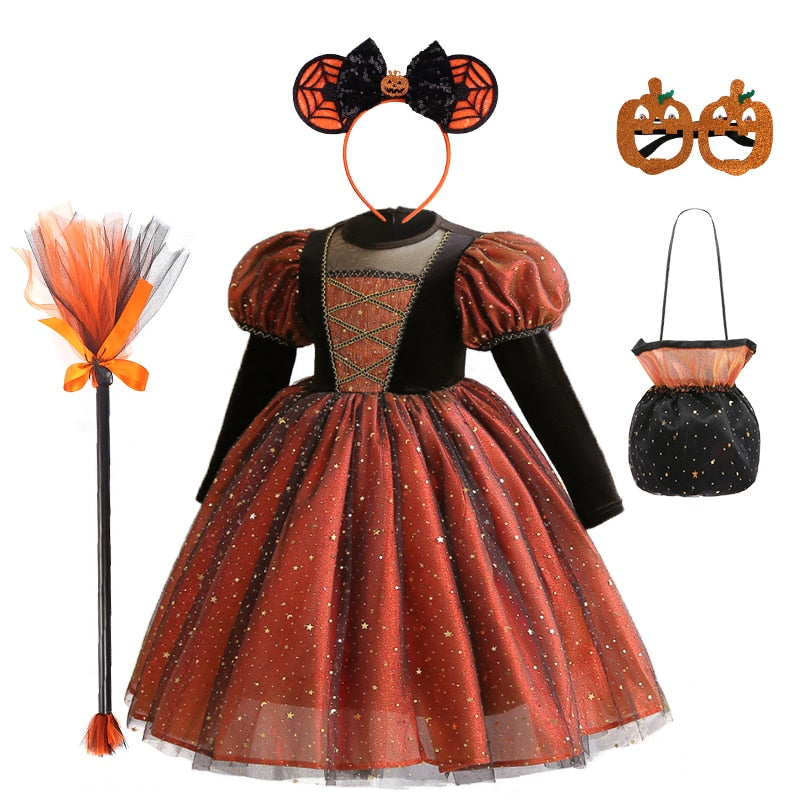 Tabitha's Halloween Witch Girls Orange Costume and Accessories