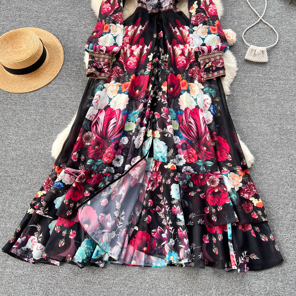 Mandy's Spring Boho Floral Chiffon Cascading Ruffles Dress