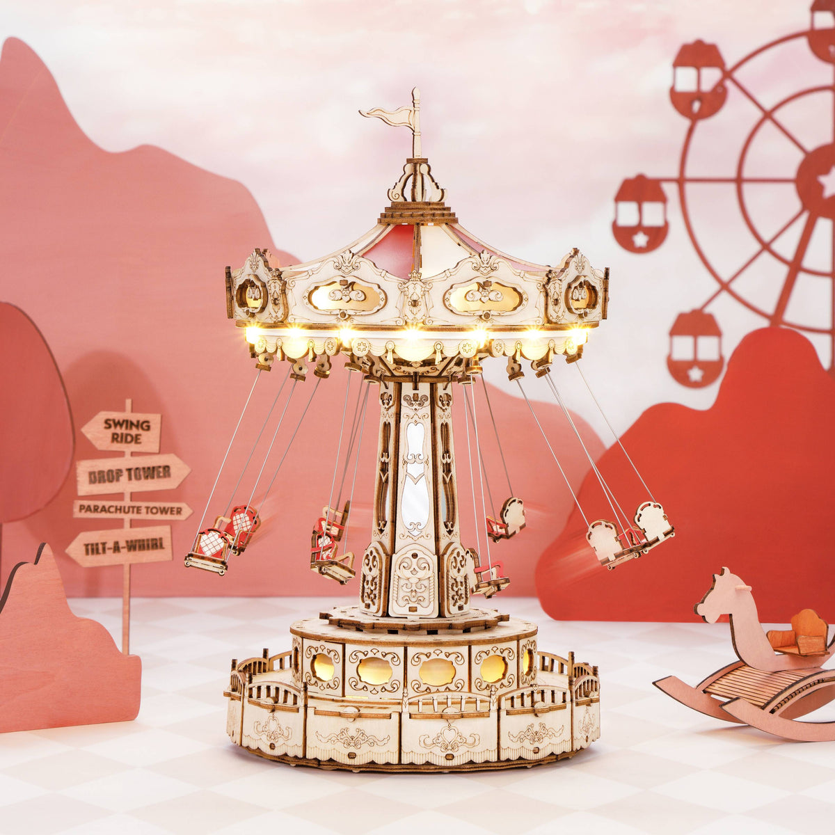 Swing Ride Music Box Amusement Park Series DIY 3D Wooden Model Kit Puzzle