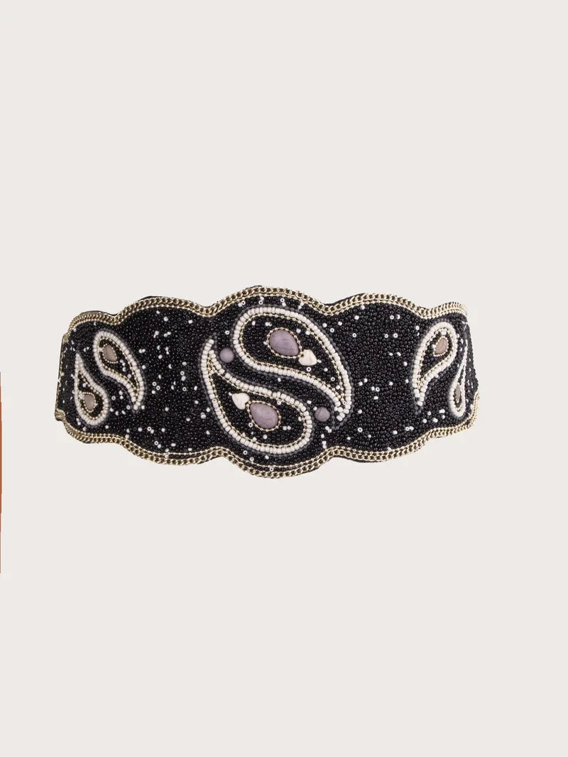 Boho Beaded Elastic Waist Wide Belt