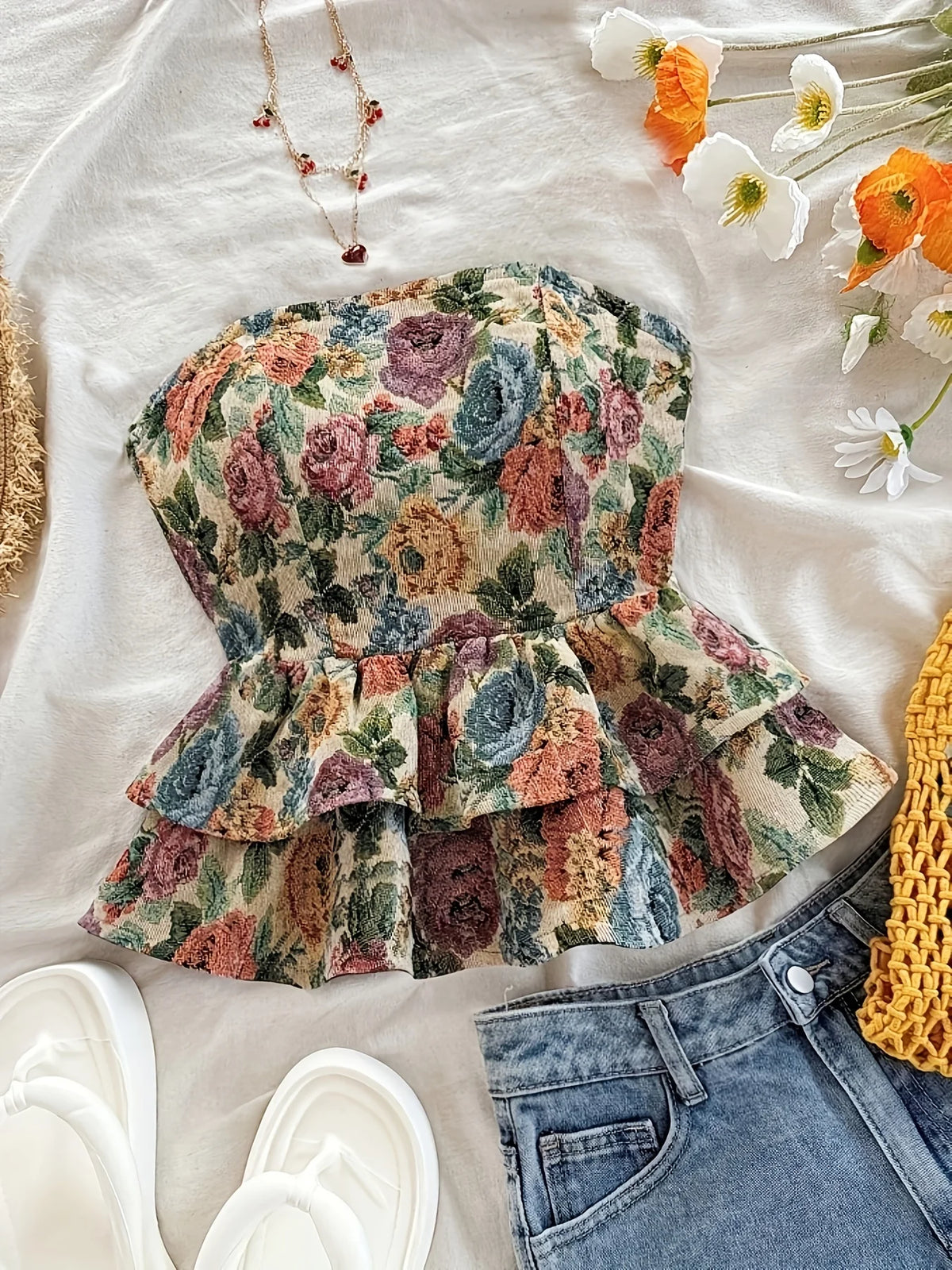 Flower Joy Belted Ruffled Backless Tube Top