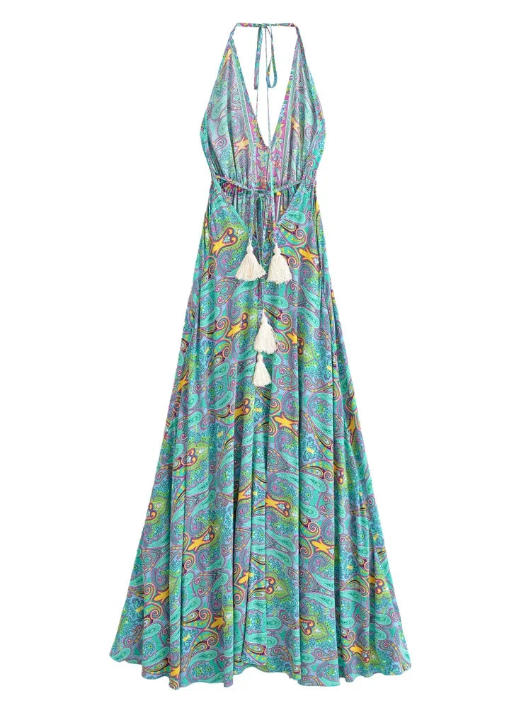 Nahlia's Wild Floral Backless Beach Boho Maxi Dress