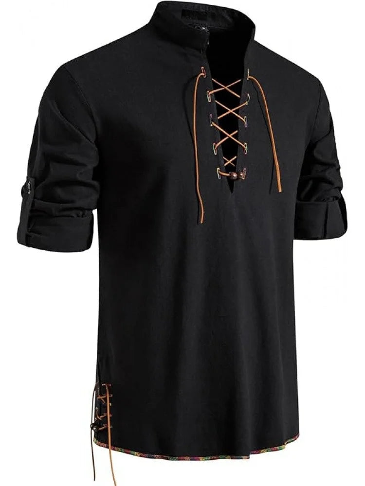 Men's Pure Cotton Medieval Lace Up Shirts Renaissance Pirate Viking T-shirt
