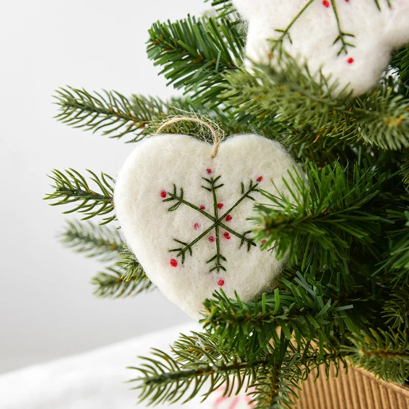 Set of Three White Christmas Handmade Embroidered Felt Mini Snowflake and Heart Christmas Tree Ornaments