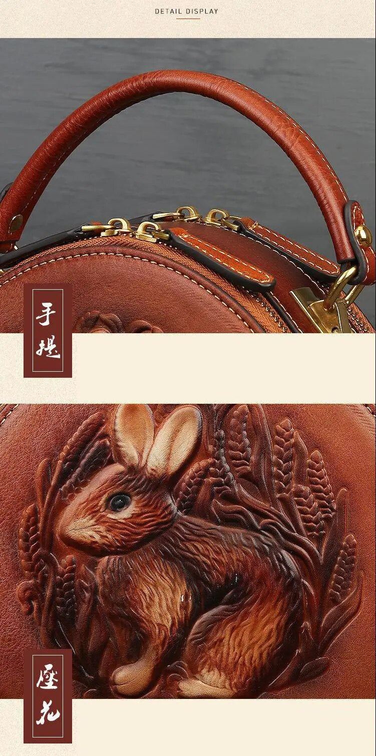 Embossed Rabbit Handbag Genuine Leather