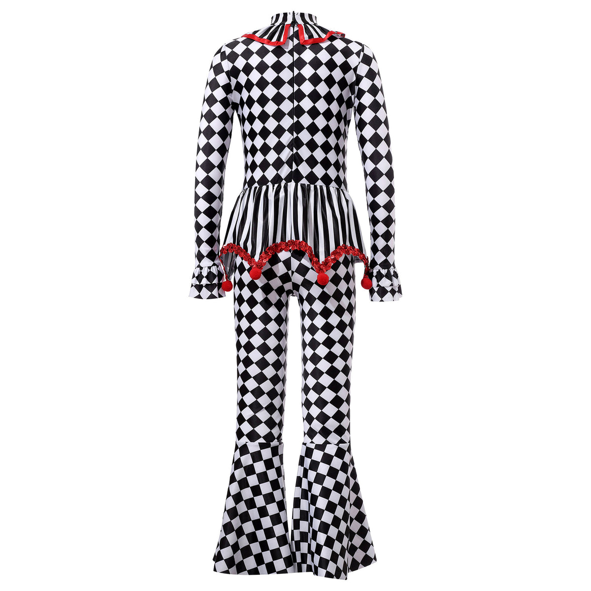 Kids Girls Halloween Harlequin Circus Clown Cosplay Costume Pom Poms Checkerboard Jumpsuit