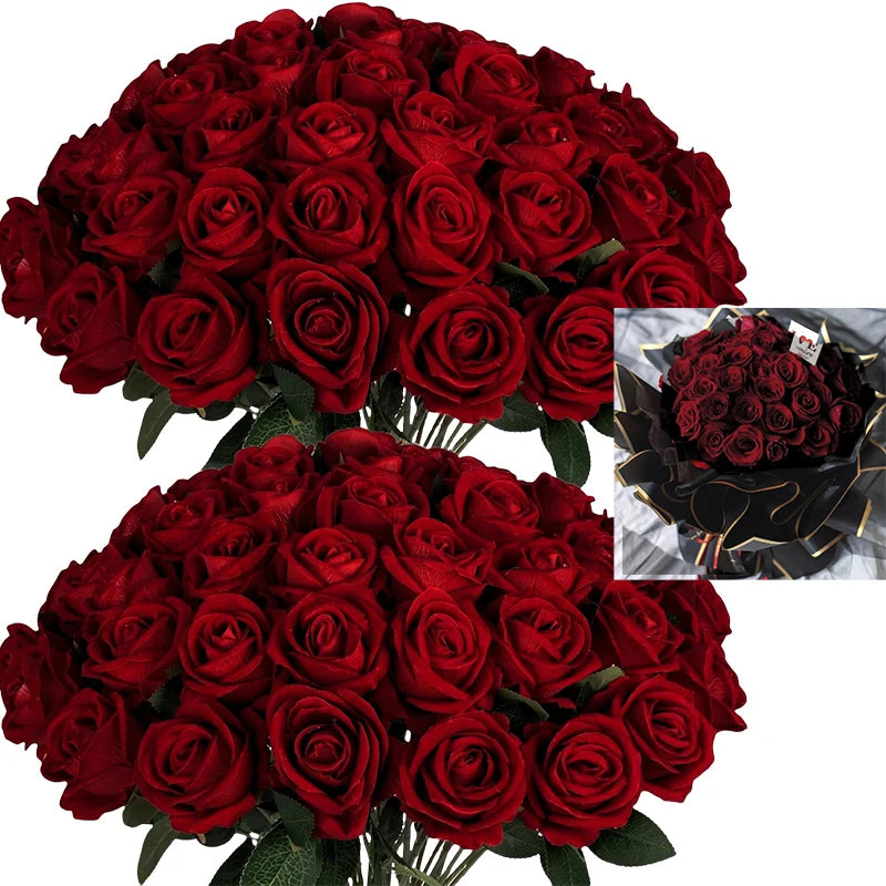 50 Pcs Velvet Roses Artificial Flowers Real Touch Fake Roses Valentine's DIY Wedding Bouquet Home Decor
