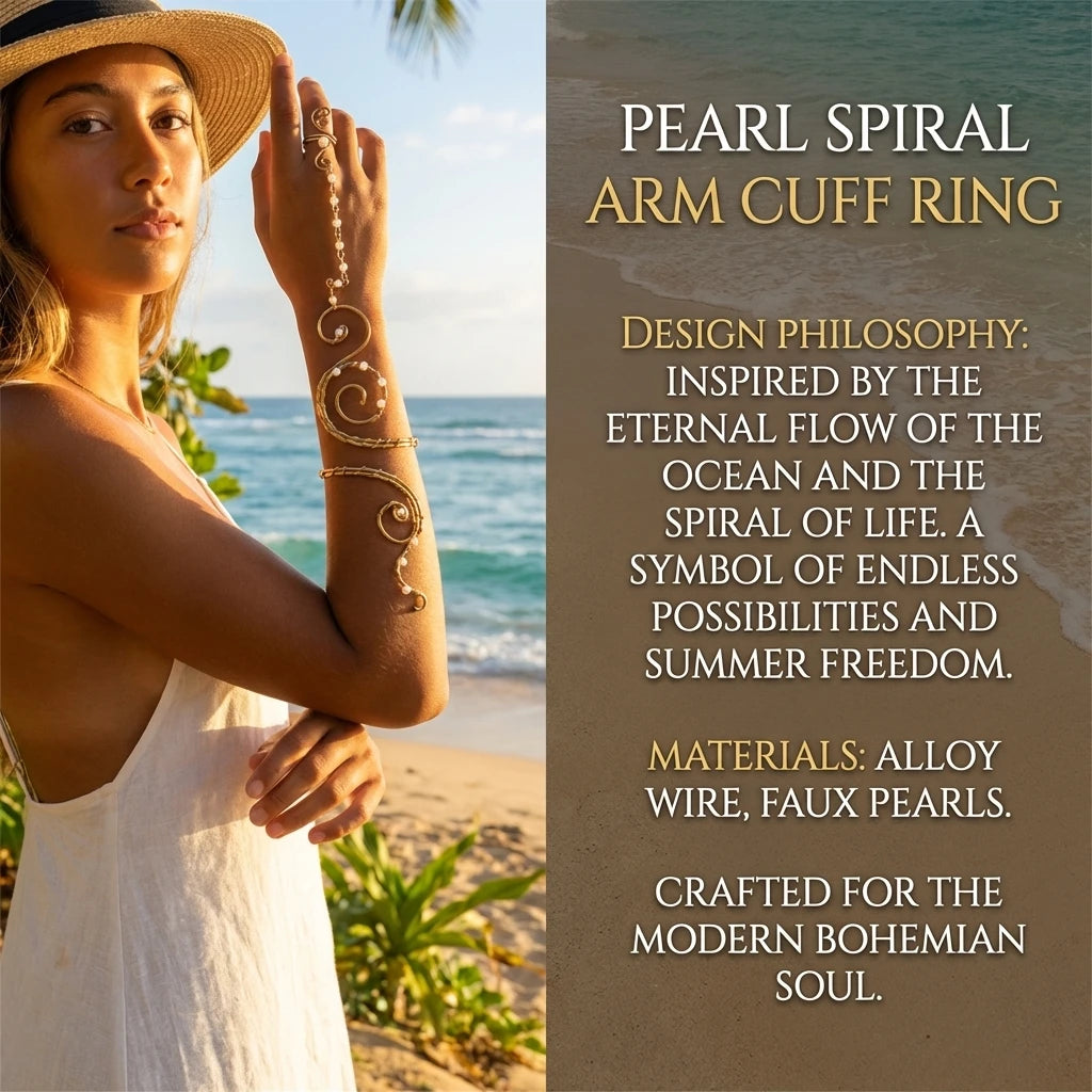 Spiral Gold Arm Cuff & Finger Chain Set with Pearls Adjustable Hand Jewellery Festival Accessories