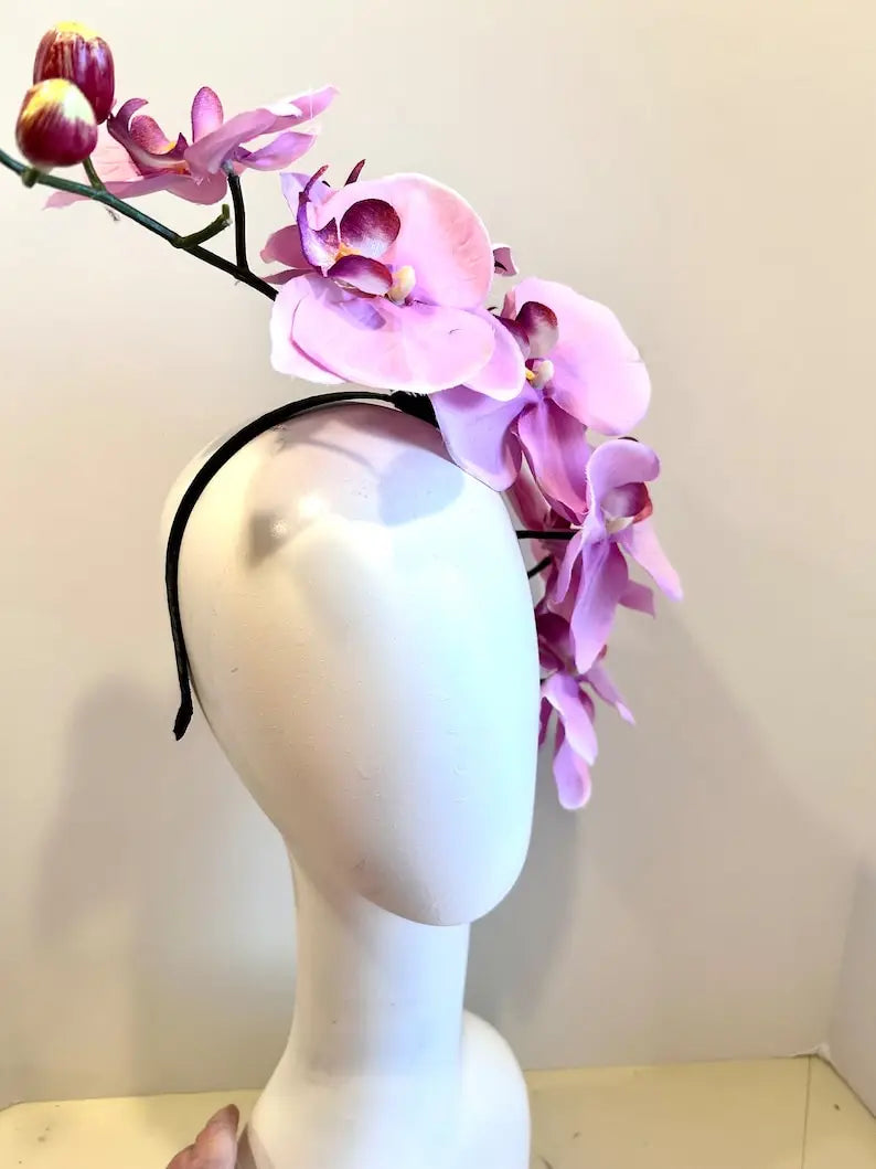 Handcrafted Large Realistic Orchid Statement Headpiece Floral Headband for Weddings Races Photoshoots