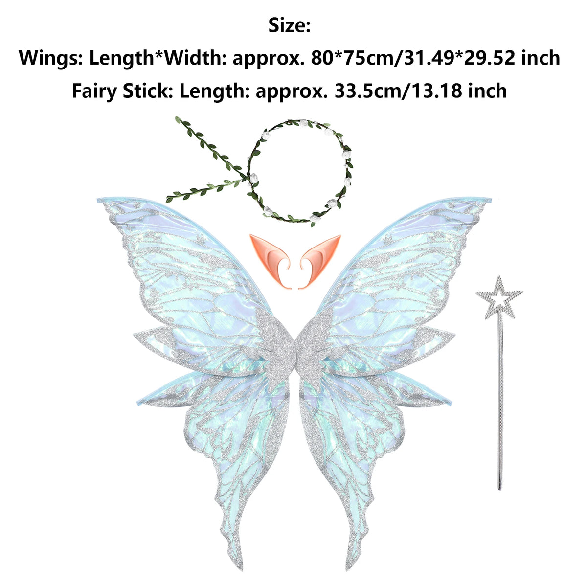 Fairy Elf Costume Wings, Ears, Wand and Hair Wreath Sets