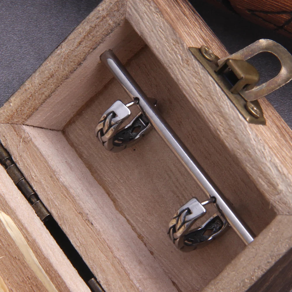 Vikings Braid Stainless Steel Huggie Hoop Earrings for Men with Wooden Box