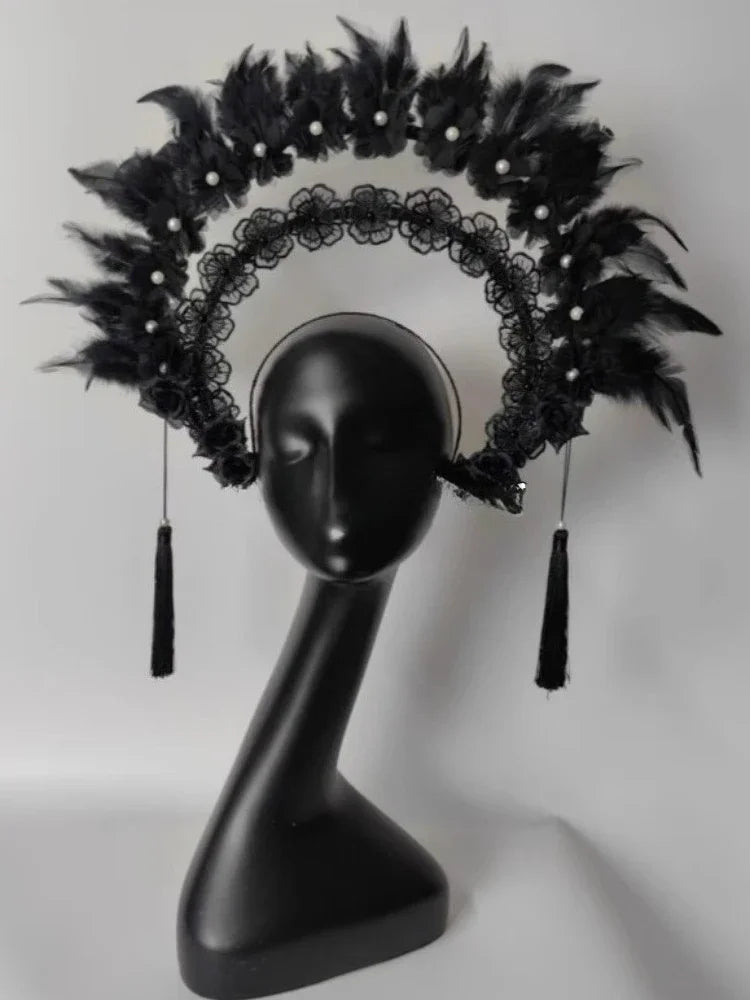Black Feather Halo Crown Stage Performance Headpiece