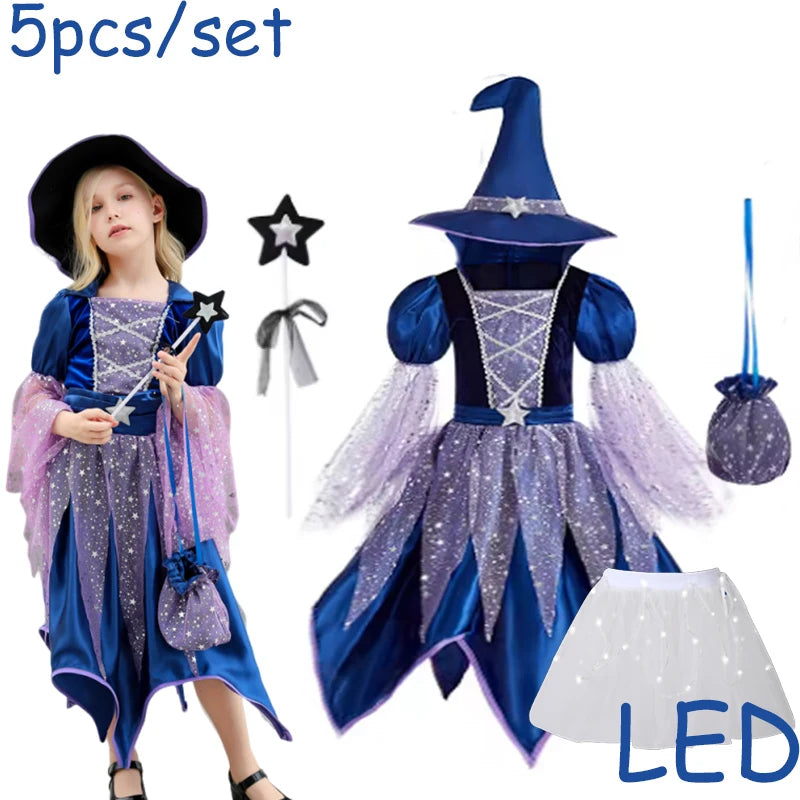 Girls Witch Outfit Halloween Party Costumes for Kids Dress Up With Bag Hat Wand