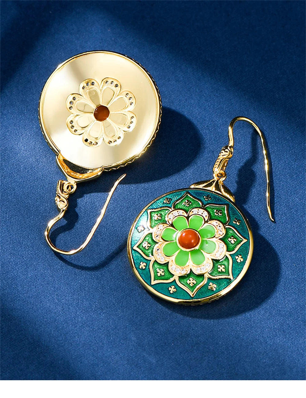 Green Lotus S925 Sterling Silver Locket Pendant Earrings Cloisonne Enamel