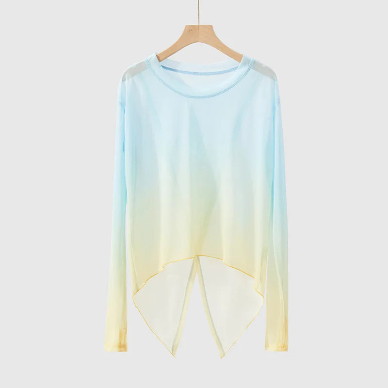 Gradient Gauze Top Dance Practice Top Thumb Finger Hole Long Sleeve Dancewear