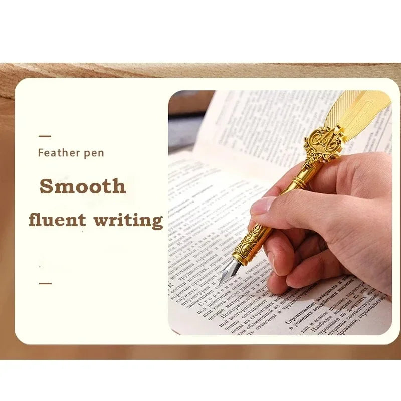 Golden Feather Quill Pens Set Dip Fountain Pens Ink Stationery Writing Gift Box Sets