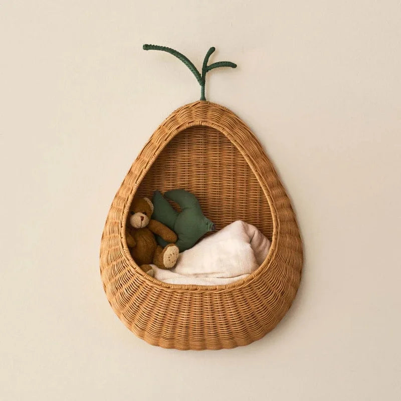 Handwoven Fruit Shape Wall Basket Apple Pear Wall-Mounted Storage Childrens Room Decor
