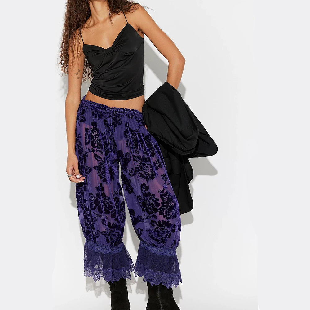 Velvet Lace Sheer Long Bloomers Floral Ruffle Pantaloons
