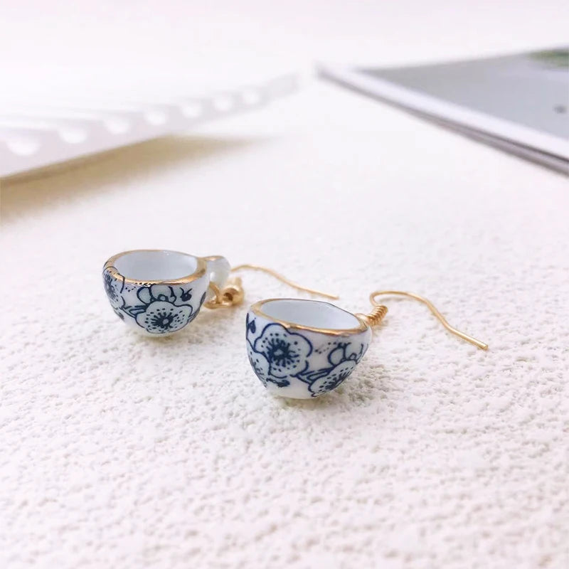 Handmade Ceramic Tea Cup Earrings Blue White Enamel Jewellery
