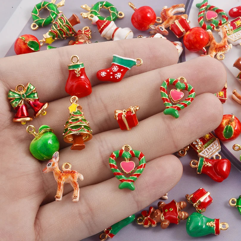 5pcs Christmas Charm Enamel Apple Socks Bell DIY Pendant Charms For Jewelry Making Keychain Earrings Bulk Handmade Material Gift