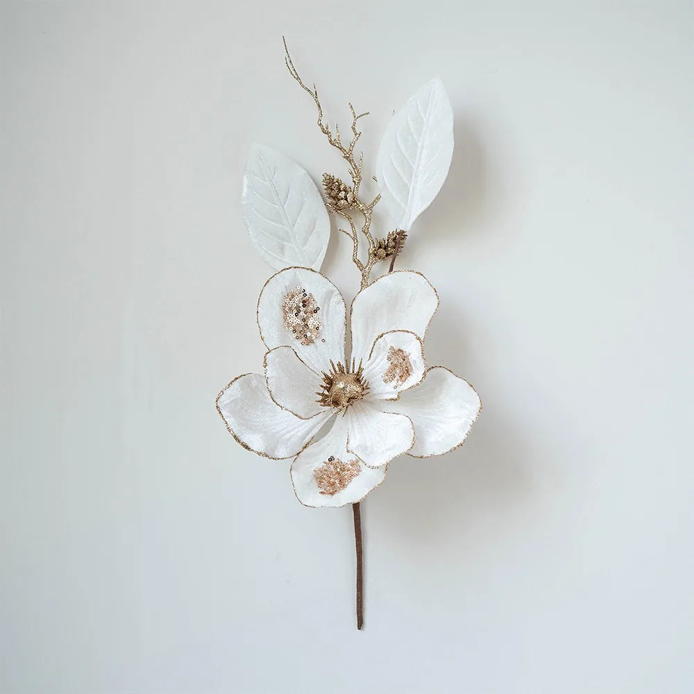 Glitter Christmas Magnolia Artificial Flower Red Gold Handmade Flocking Xmas Decorations