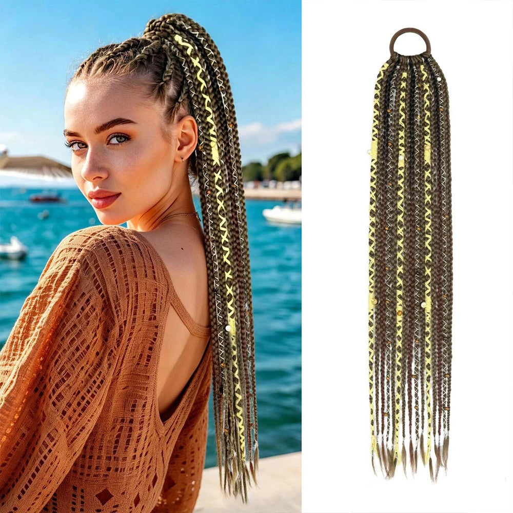 24" Beaded Boho Braided Ponytail Extension Viking Ties Dreadlock Synthetic Hairpiece