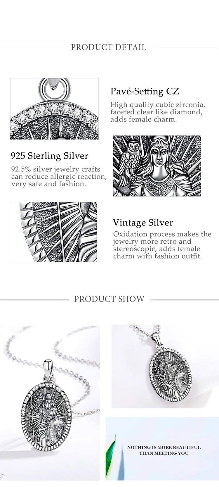 Goddess Athena Owl Pendant Necklace 925 Sterling Silver Cubic Zirconia Greek Mythology Jewellery