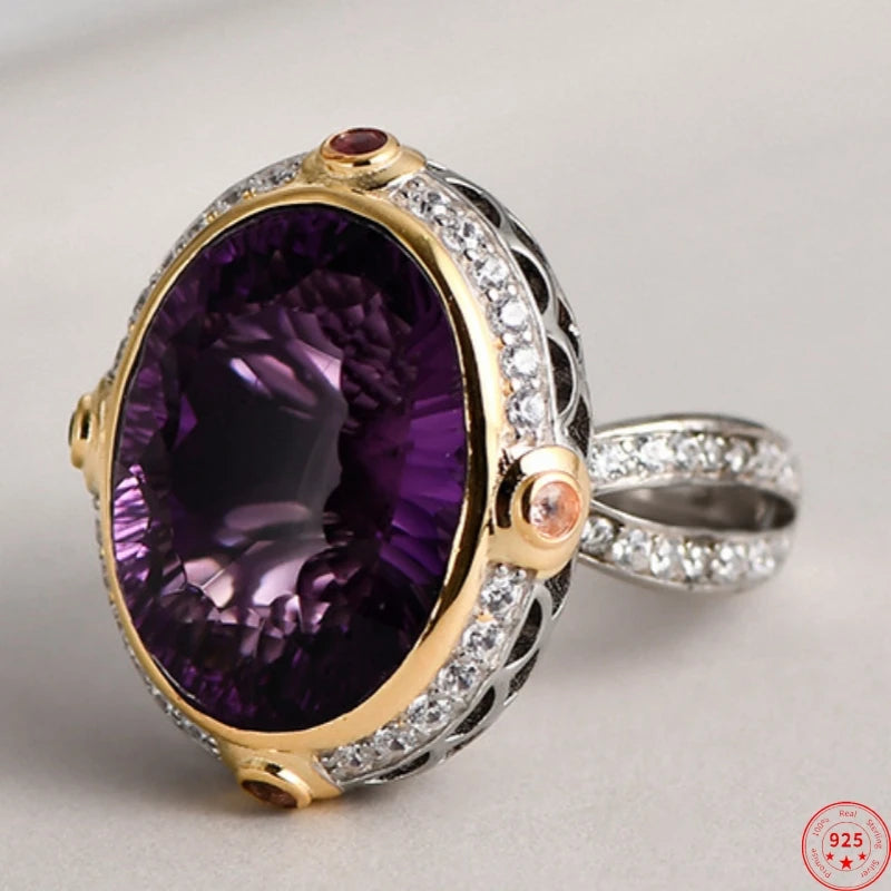 Lady of the Depths S925 Sterling Silver Ring Natural Amethyst Occidental Topaz Zircon