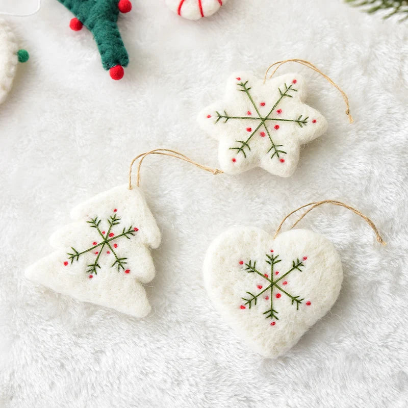 Set of Three White Christmas Handmade Embroidered Felt Mini Snowflake and Heart Christmas Tree Ornaments