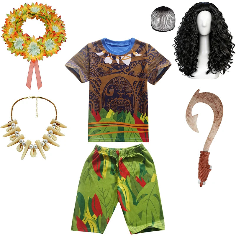 Maui Kids Cosplay 2Pcs Print Moana Boys Swimsuits Top and Shorts Children's Swimwear Book Week Costumes