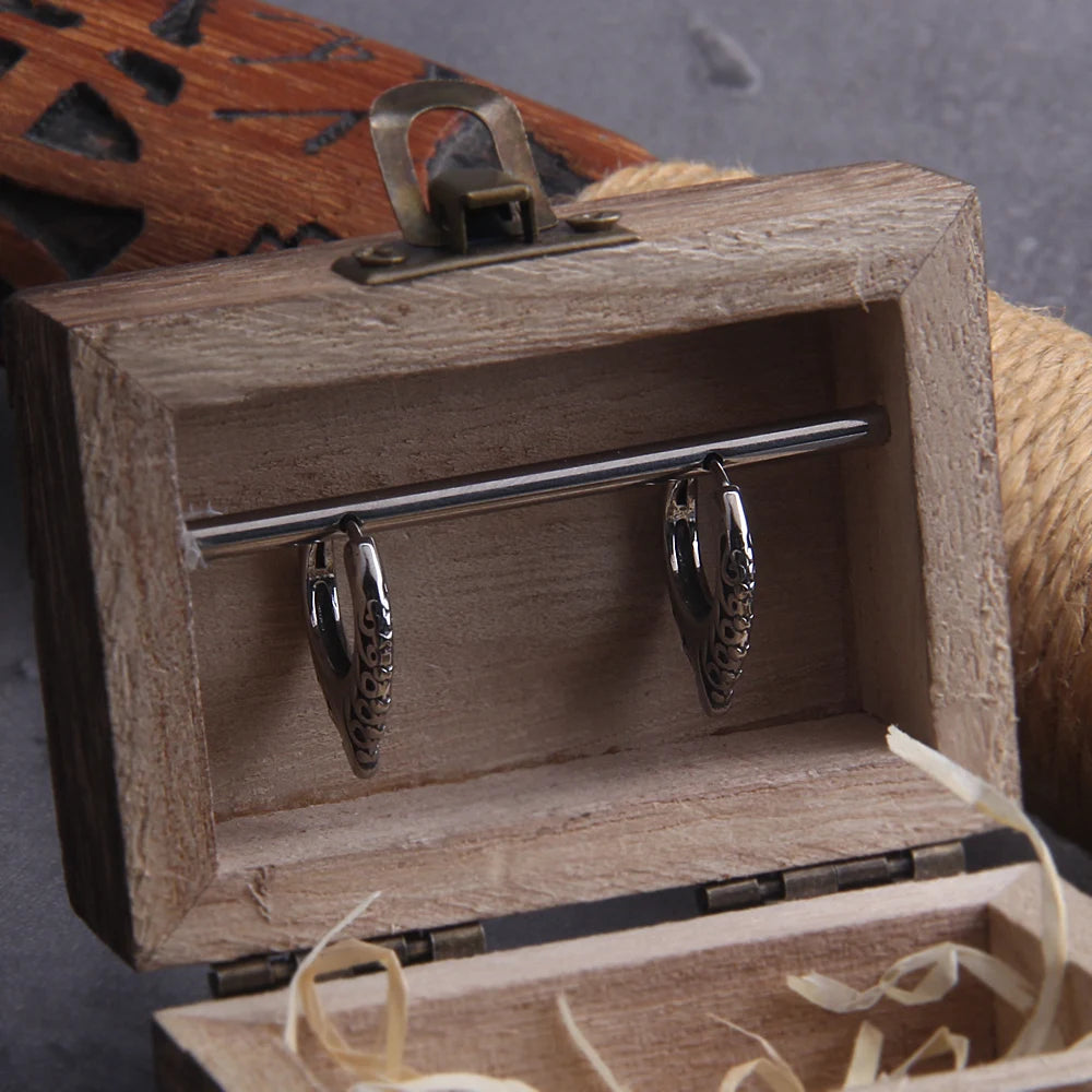 Viking V Tendrils Stainless Steel Huggie Hoop Earrings for Men with Wooden Box