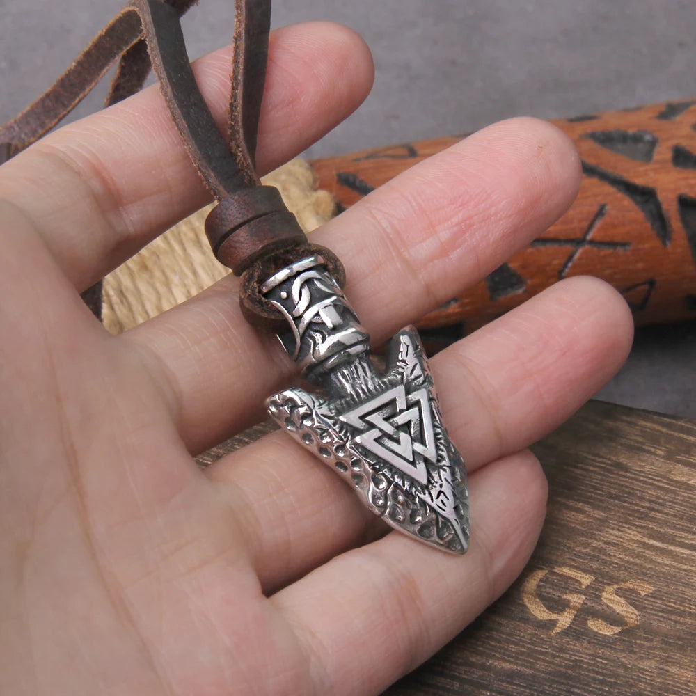 Valknut Viking Spear Stainless Steel Pendant Necklace with Wooden Box