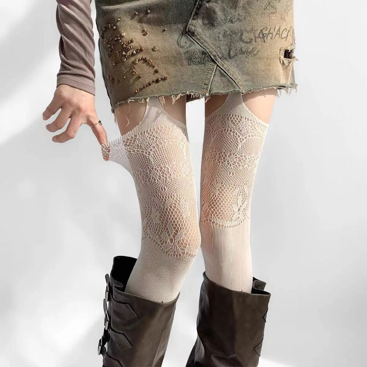 Floral Fishnet Garter Belt Stockings