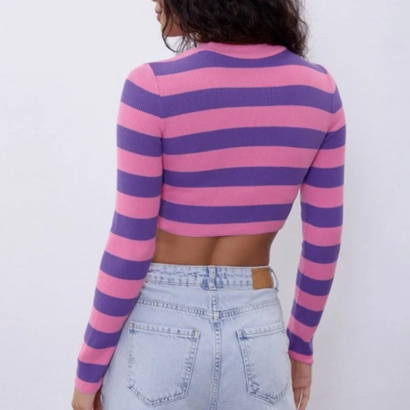 Cheshire Cat Purple and Pink Striped Cropped Sweater Rib-Knit Long Sleeve T-Shirt