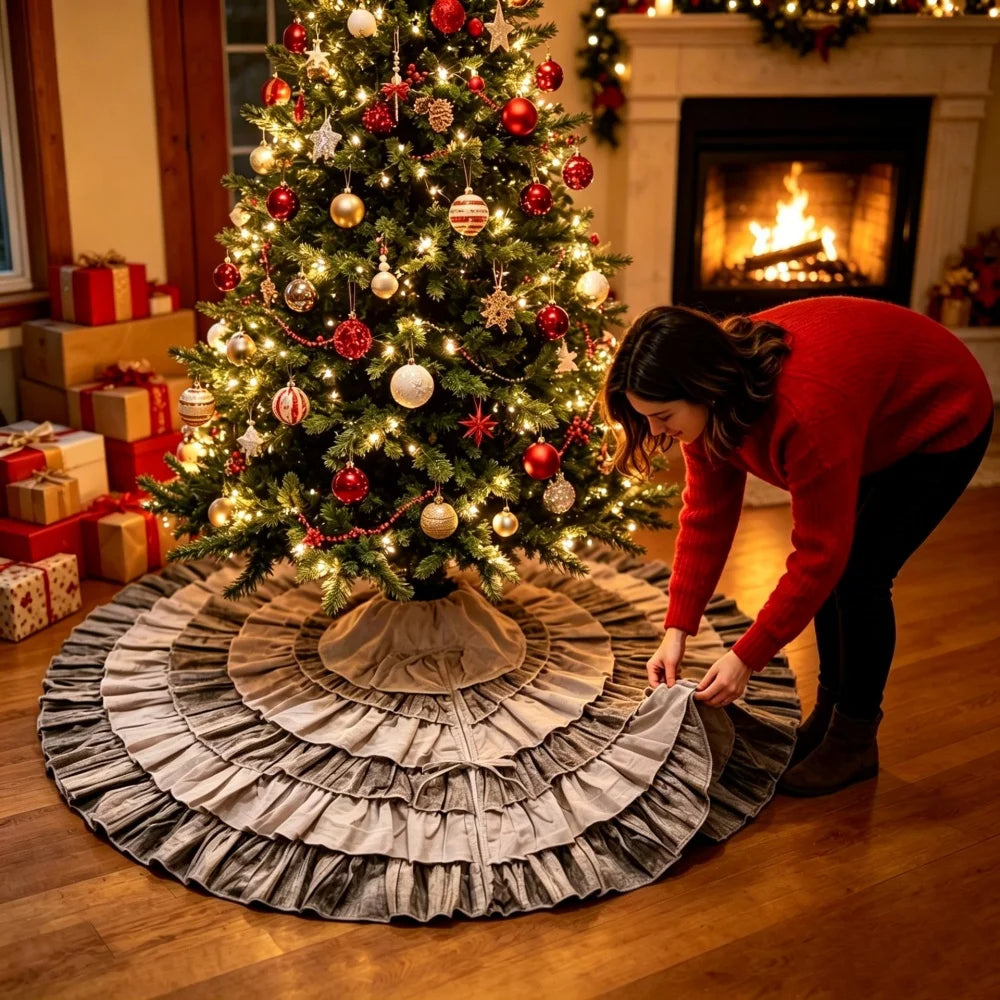 90cm Scottish Christmas Plaid Tree Skirt Ruffle Cake Style