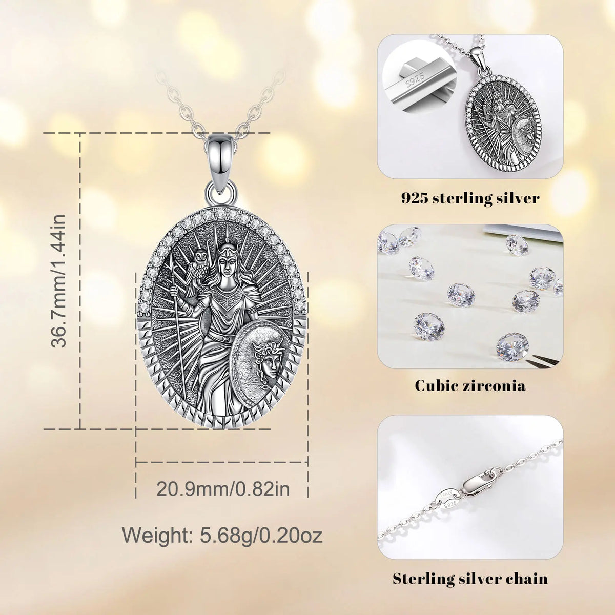 Goddess Athena Owl Pendant Necklace 925 Sterling Silver Cubic Zirconia Greek Mythology Jewellery
