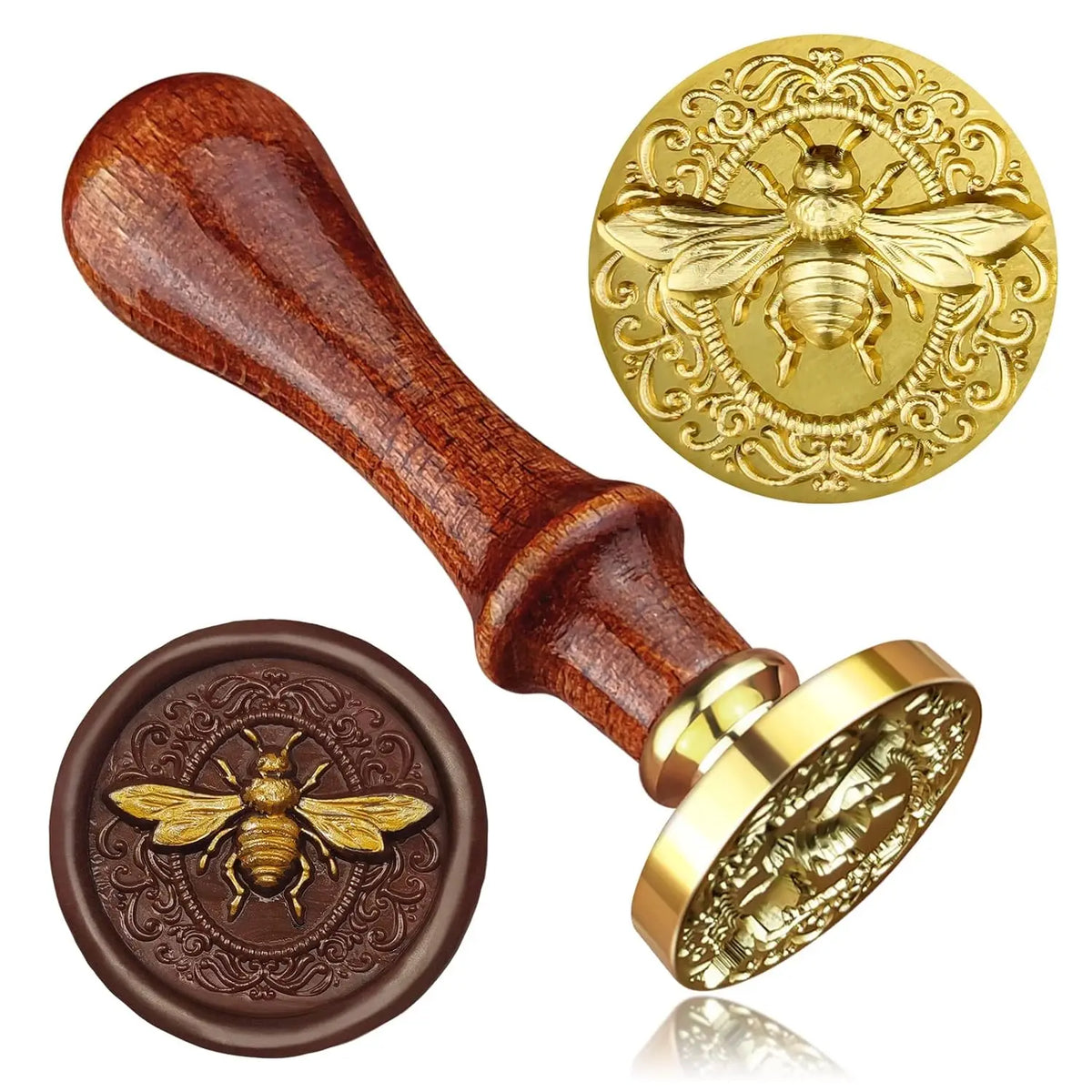 Bee Wax Seal Stamp and Wooden Handle Set Embossed Stamp Sealing Removable 1" Brass Stamp Head