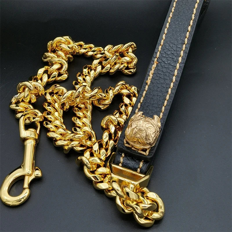 French Bulldog Dog Leash 14mm Cuban Chain Genuine Leather Stainless Steel Pet Accessories