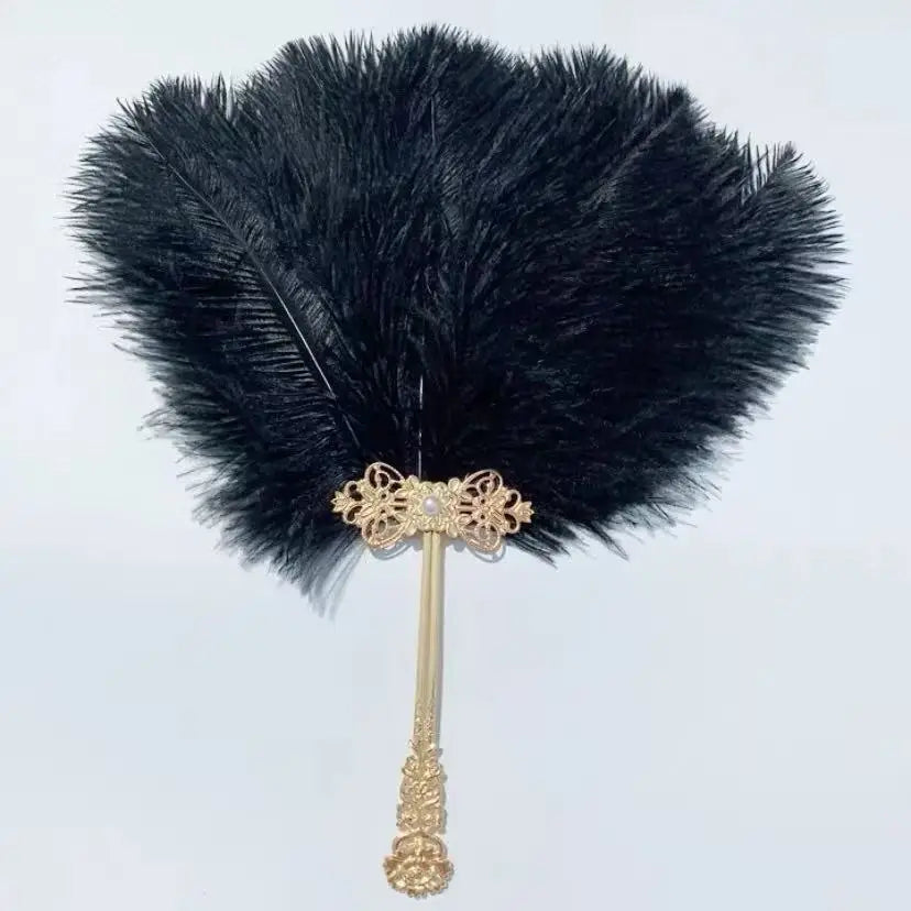 Ostrich Feather Fan Round Fan with Golden Hollow Handle Court Dance Hand Fans