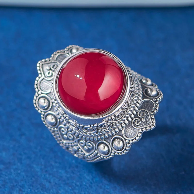 The Sage One's S925 Sterling Silver Rings Ancient Emboss Pattern Corundum