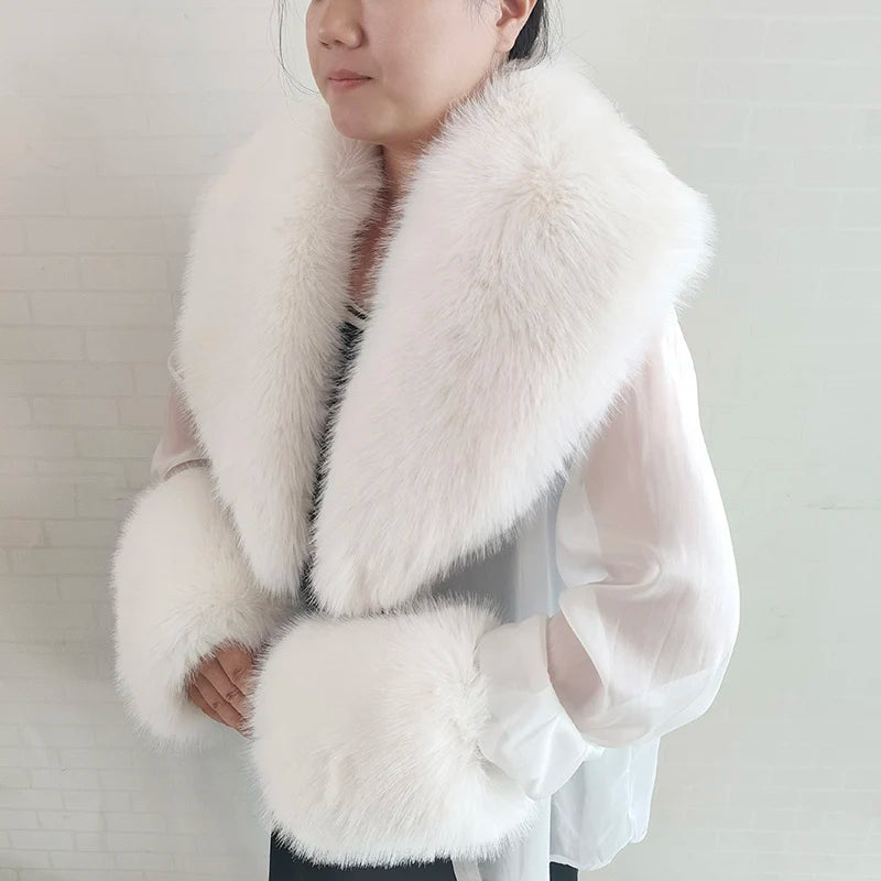 Large Faux Fox Fur Scarf Winter Warm Fluffy Collar And Cuff Sets 19 Colours