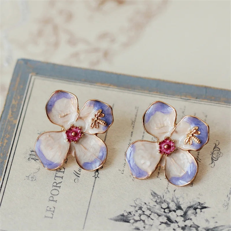 Enamel Purple Flower and Bee Stud Earrings Drip Glaze Gradient Petals