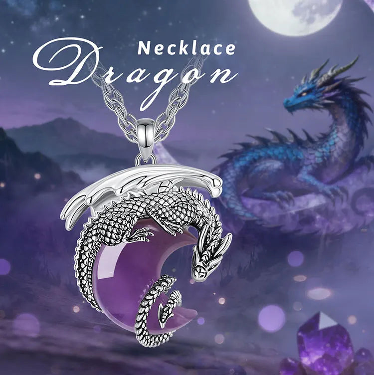 Dragon Crescent Moon Natural Amethyst Crystal Necklace Pendant