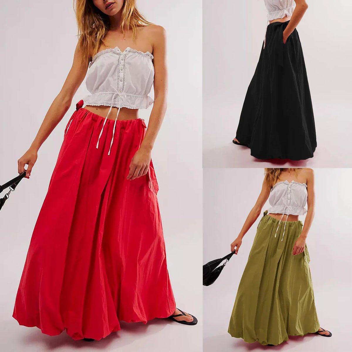 Tara's Boho Skirts Low Waist Solid Colour Lace-up Bow Maxi Skirts