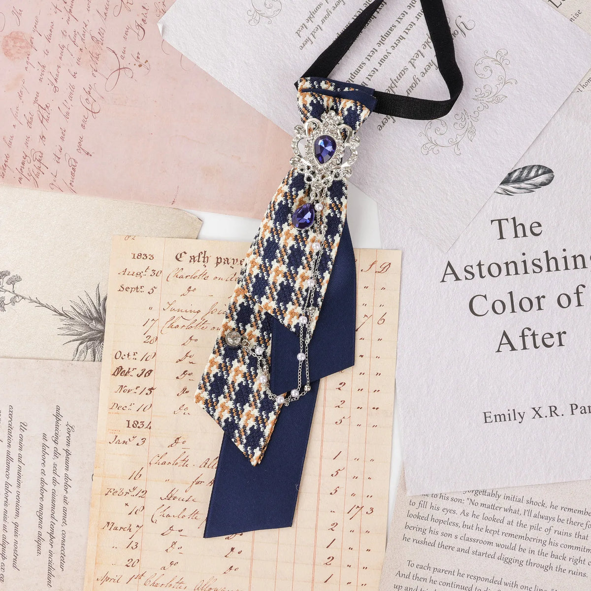 Dark Academia Jabot Plaid Short Necktie Rhinestone Brooch Pearl Chain