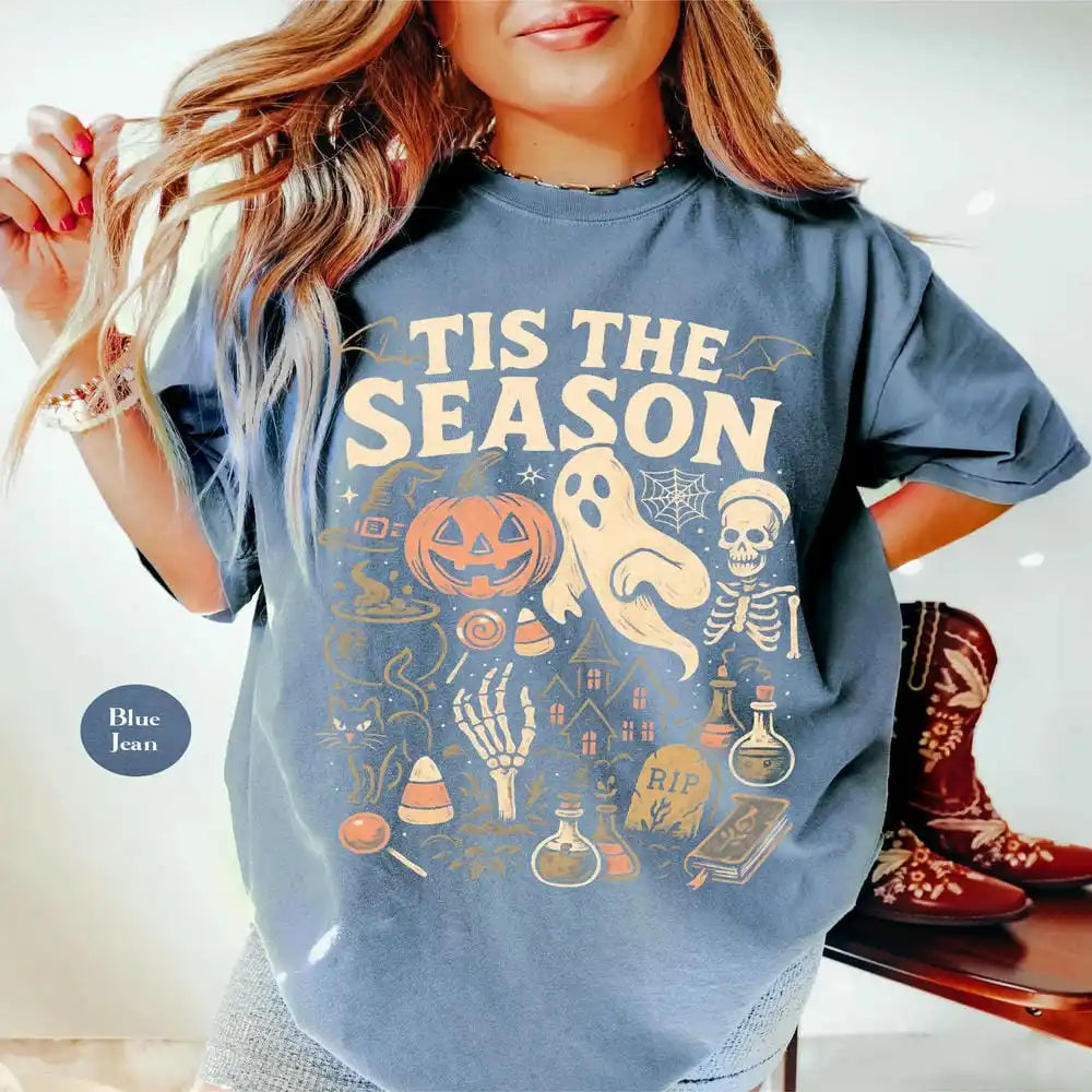 'Tis The Season Skeleton Pumpkin Ghost Halloween T-Shirt Vintage Halloween Cotton Tee