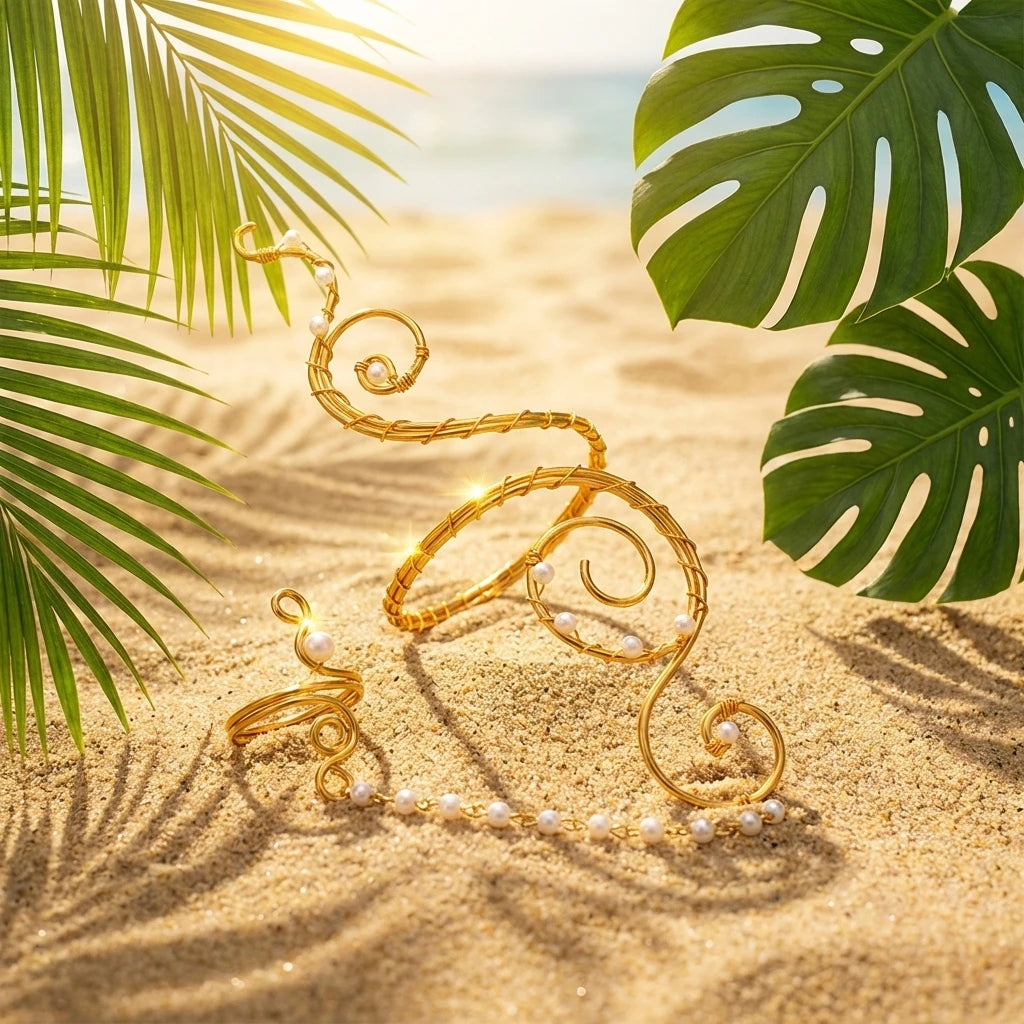 Spiral Gold Arm Cuff & Finger Chain Set with Pearls Adjustable Hand Jewellery Festival Accessories