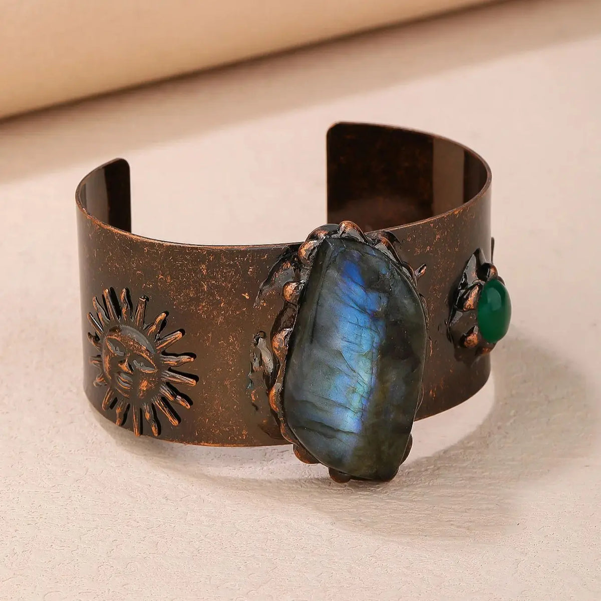 Medieval Cosplay Labradorite Stone Wrist Cuff Bangle Copper Plating Adjustable Bracelet