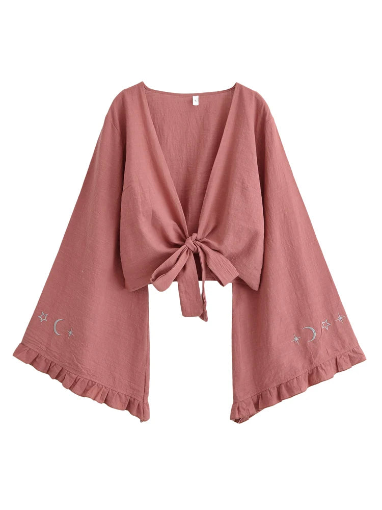 Boho Star Moon Embroidered Short Kimono Wrap Top Ruffled Flare Sleeves Cover-ups